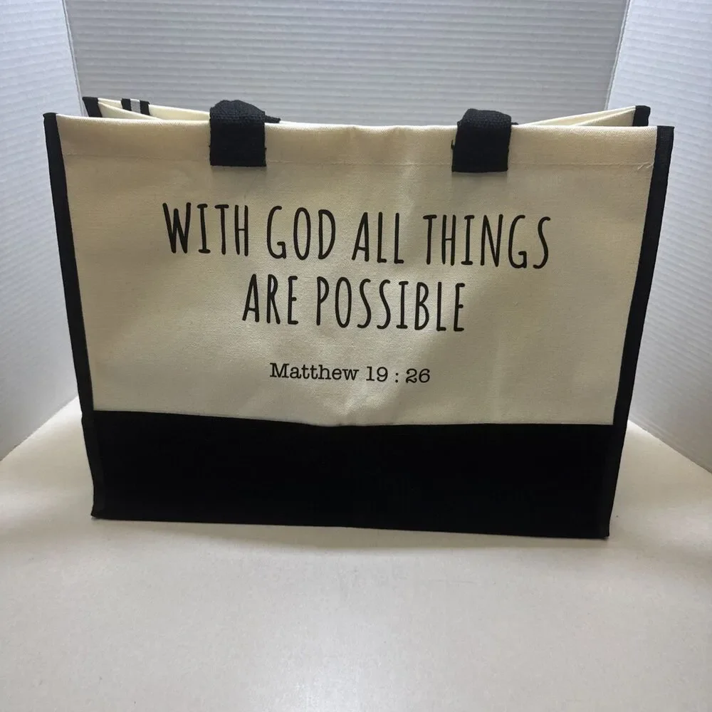 Inspirational Tote Bag - With God All Things Are Possible - Black & White